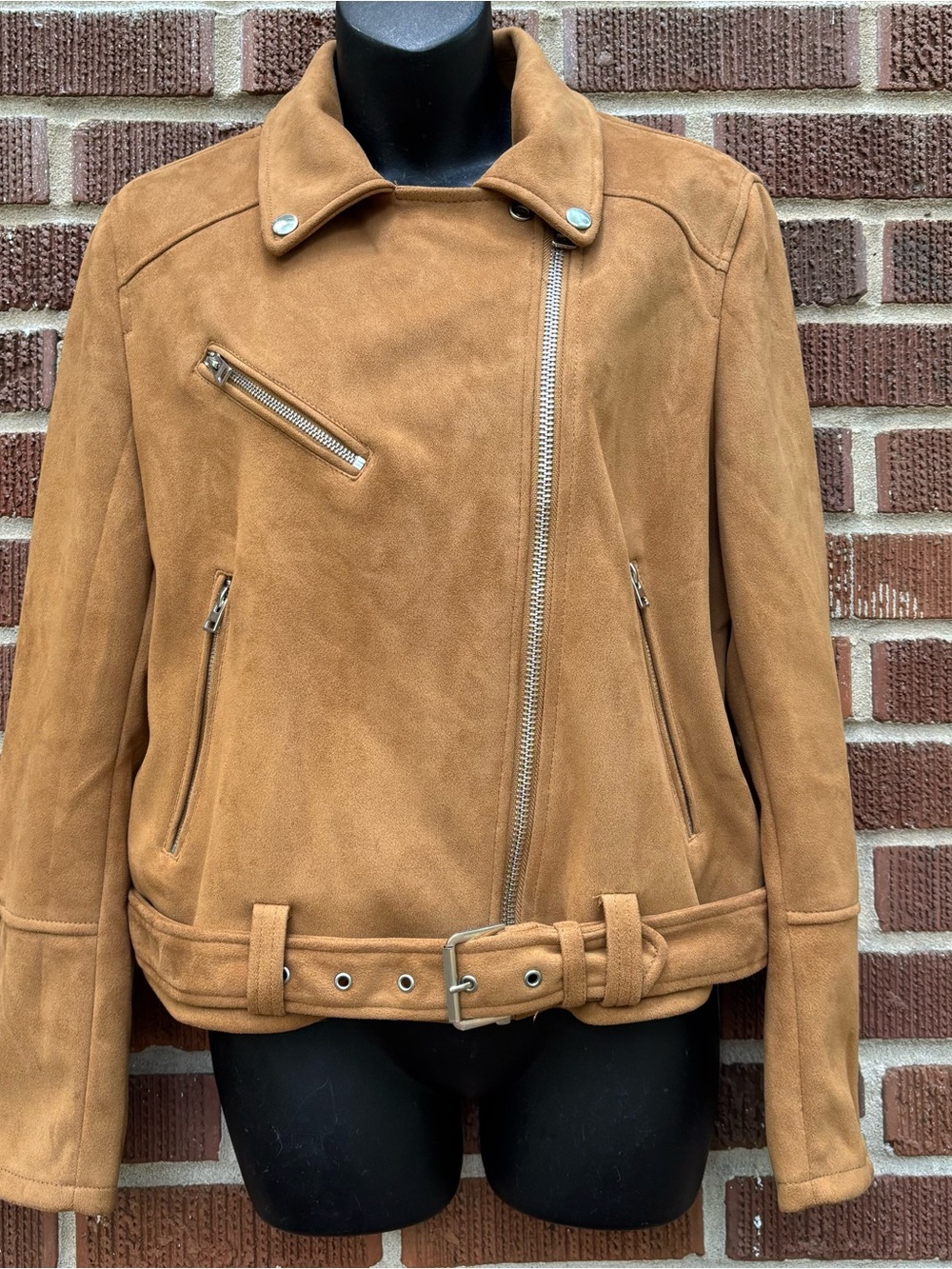 Topshop Women’s Sz 8 Faux leather metal zippers camel moto jacket